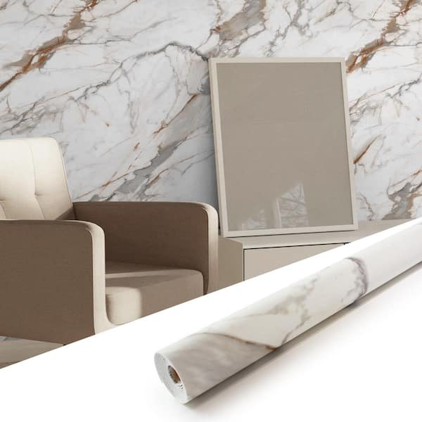 0.08 in. x 4 ft. x 10 ft. Calacatta Gold Square Edge Vinyl Matte Peel and Stick Decorative Wall Paneling Roll (1-Pack)