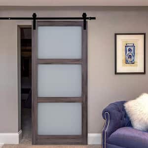 36 in. x 84 in. 3 Lite Tempered Frosted Glass Brown Prefinished Solid Core MDF Barn Door Slab with Hardware Kit