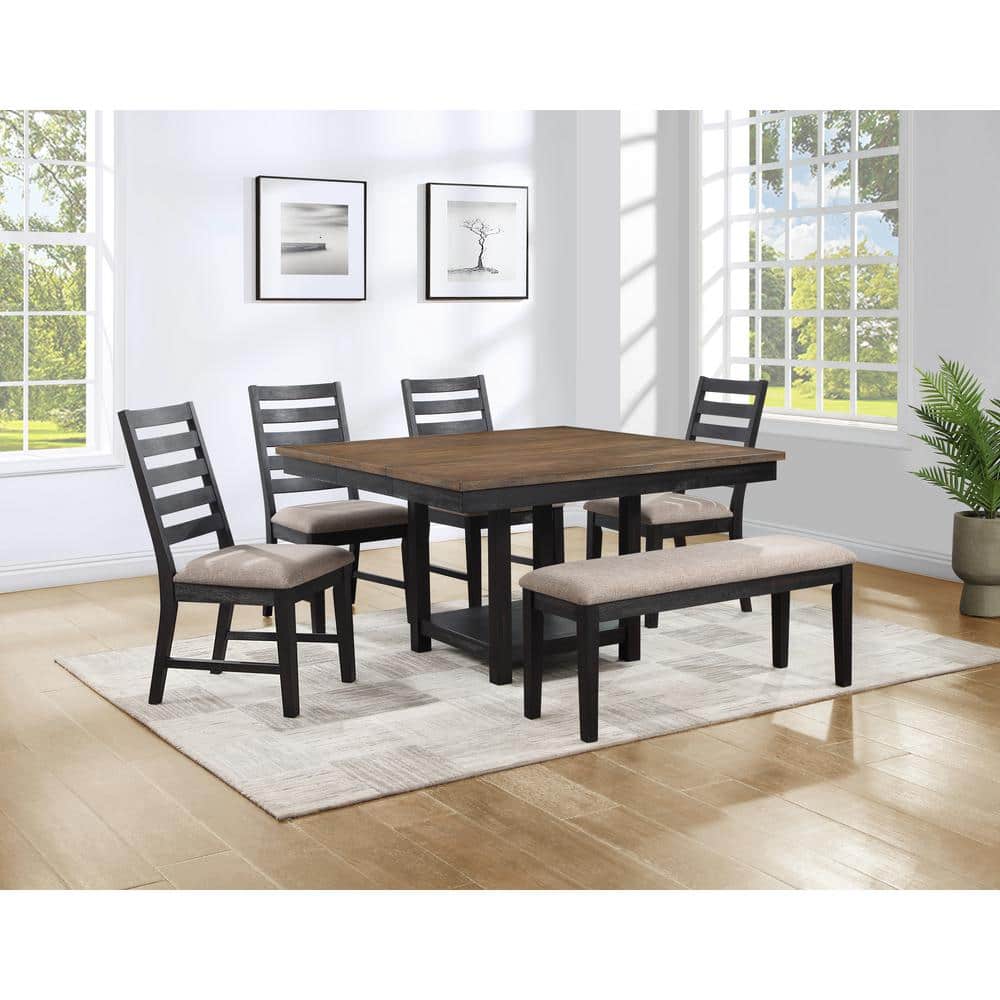 Ebony Upholstered Bench with Oatmeal Fabric and Solid Wood Frame
