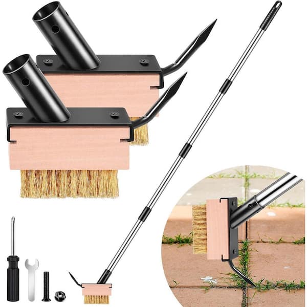 Paver Weeding Puller Tool with 2 Brush Heads Crack Weeder Crevice Cleaner Steel Long Handle for Decks Walkways Patios
