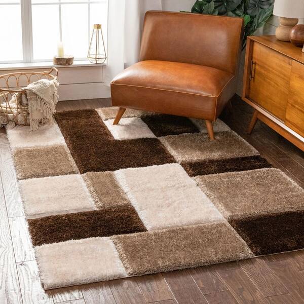 Well Woven San Francisco Escondido Brown Modern Geometric Squares 5 Ft 3 In X 7 Ft 3 In 3d Carved Shag Area Rug Sf 67 5