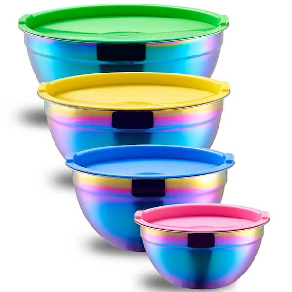 4-Piece Stainless Steel Colorful Rainbow Mixing Bowl Set with Airtight Lids, Stackable Nesting Kitchen Bowls