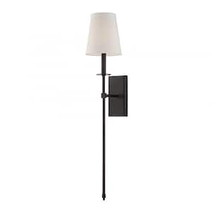 Monroe 6.7 in. W x 33.5 in. H 1-Light Classic Bronze Wall Sconce with White Fabric Shade