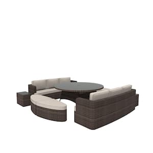 Lomax Brown 9-Piece Wicker Patio Conversation Set with Beige Cushions
