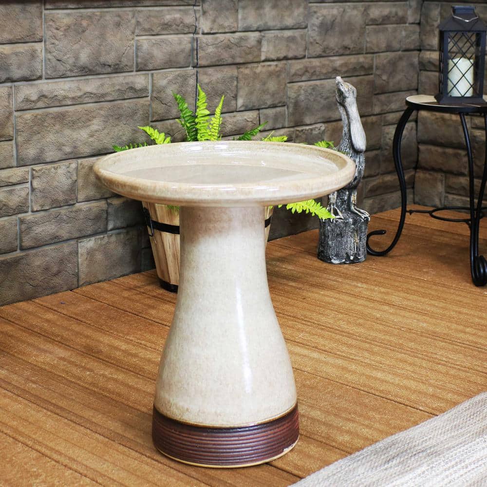 Yam Ceramic Duo-Tone Outdoor Bird Bath with Ribbed Pedestal