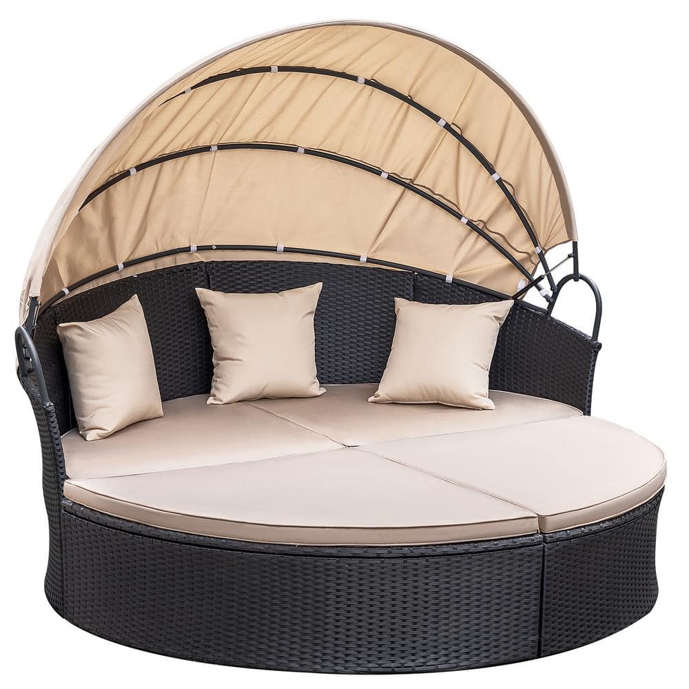 Beige Cushioned Black Steel Outdoor Round Daybed with Retractable Canopy