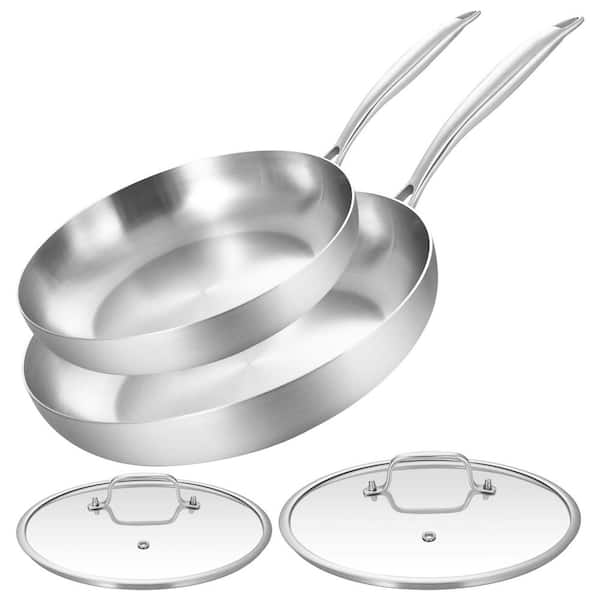 10-12 Inch Tri-Ply Stainless Steel Frying Pan Set with Lids Induction Compatible Dishwasher Oven Safe
