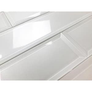 Frosted Elegance White 3 in. x 12 in. Beveled Glossy Glass Peel and Stick Subway Tile (10.5 sq. ft./Case)