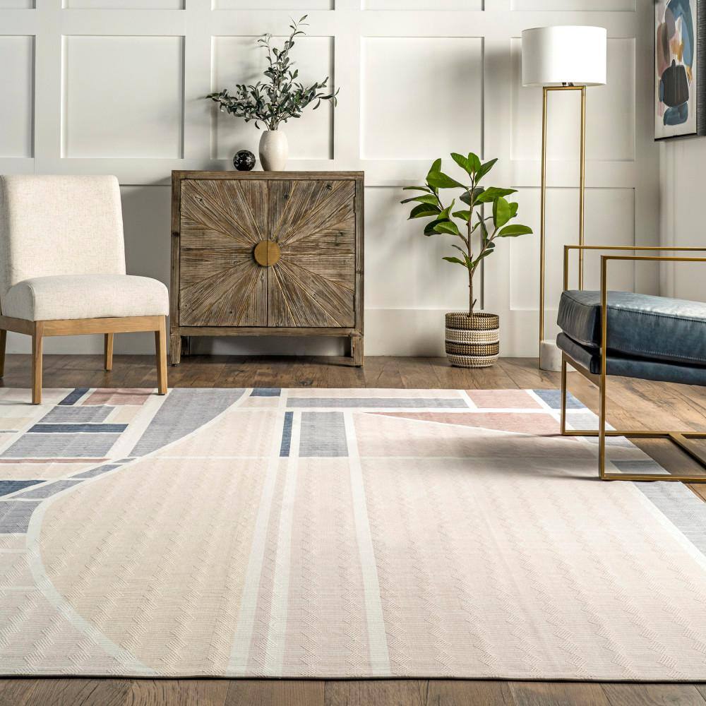 Modern Geometric Gray and Beige Washable Viscose Area Rug