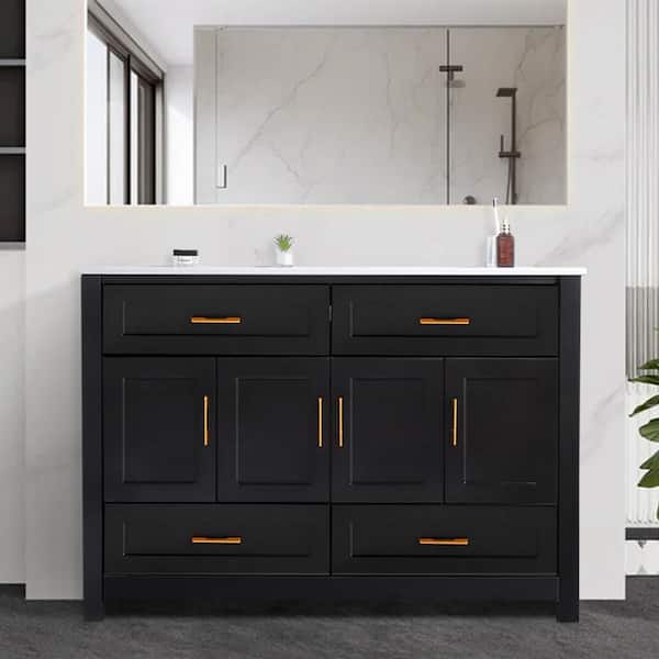 47.64 in. Single Sink Freestanding Black Bath Vanity with White Ceramic Top, 4 Soft-Close Doors, 4 Drawer, Unassembled