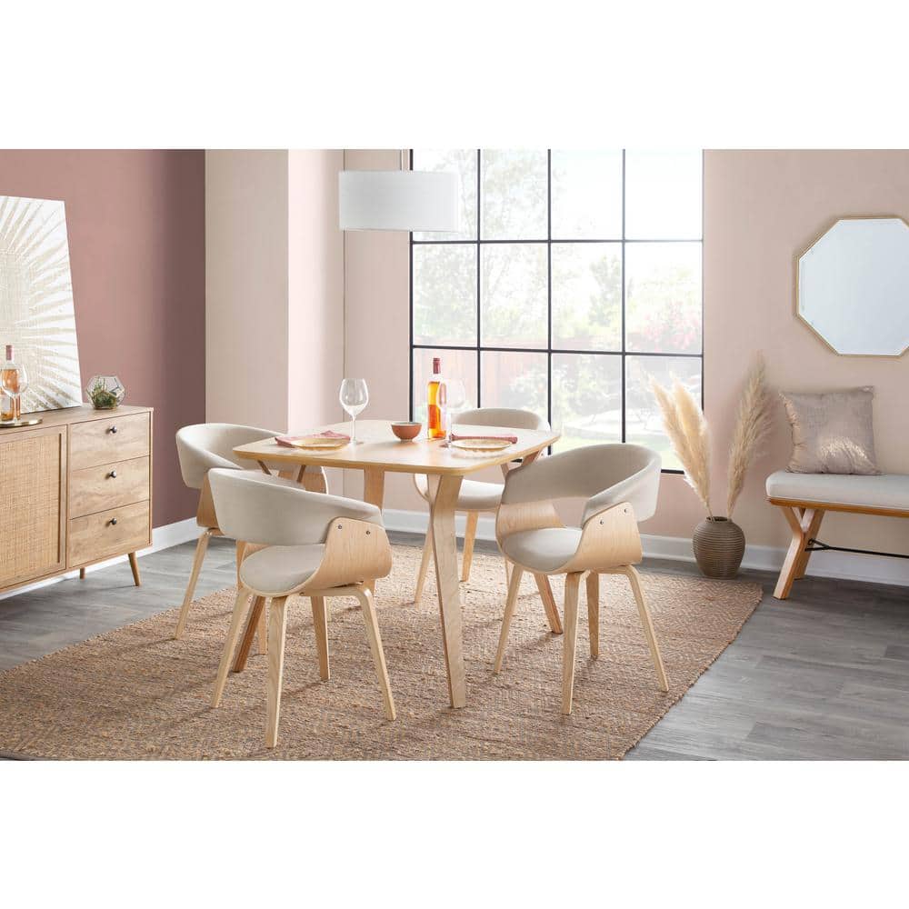 Cream Velvet Upholstered Armchair Set with Natural Wood Legs