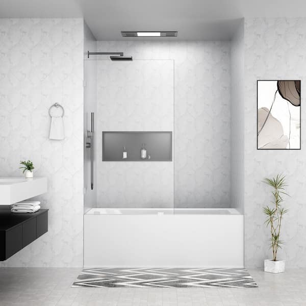34 in. x 58 in. Frameless Fixed Panel Tub Doors in Brushed Nickel without Handle with clear Glass