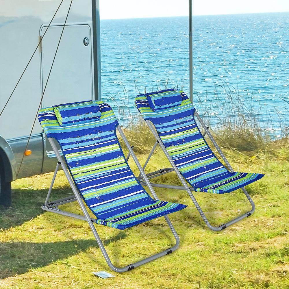 Blue Striped Folding Armless Camping Beach Chairs with Headrest, Set of 2