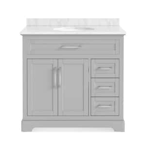 Wellington 36 in. W x 21.5 in. D x 35 in. H Single Sink Freestanding Bath Vanity in Gray with White Carrara Marble Top