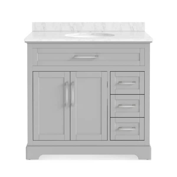 Wellington 36 in. W x 21.5 in. D x 35 in. H Single Sink Freestanding Bath Vanity in Gray with White Carrara Marble Top