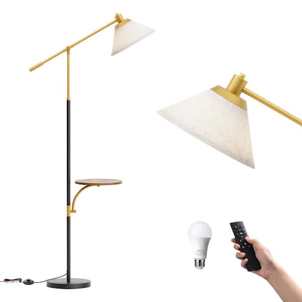 68 in. Black Vintage Adjustable Arm Arc Floor Lamp for Living Room with Fabric Empire Shade and Wood Grain Tray Table