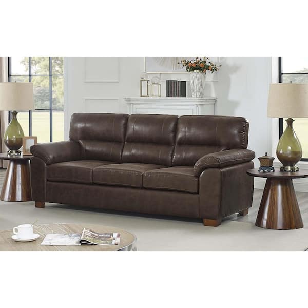 Virtuous 81 in. Pillow Top Arms Faux Leather Upholstered Rectangle Sofa in Dark Brown