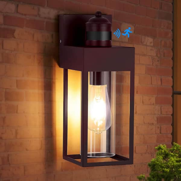 1-Light Bronze Motion Sensing Dusk to Dawn Hardwired Outdoor Wall Lantern Sconce with Clear Glass