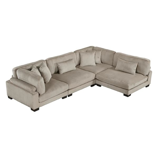 Lazzara Turbo 135 in. Pillow Top Arm 4-Piece Corduroy Modular Sectional Sofa in Taupe