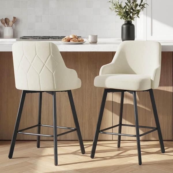 Fero 26.8 in. H Linen 360° Swivel 2 Armrests Metal Frame Bar Stool with Fabric Seat, Set of 2, with Diamond Stitching