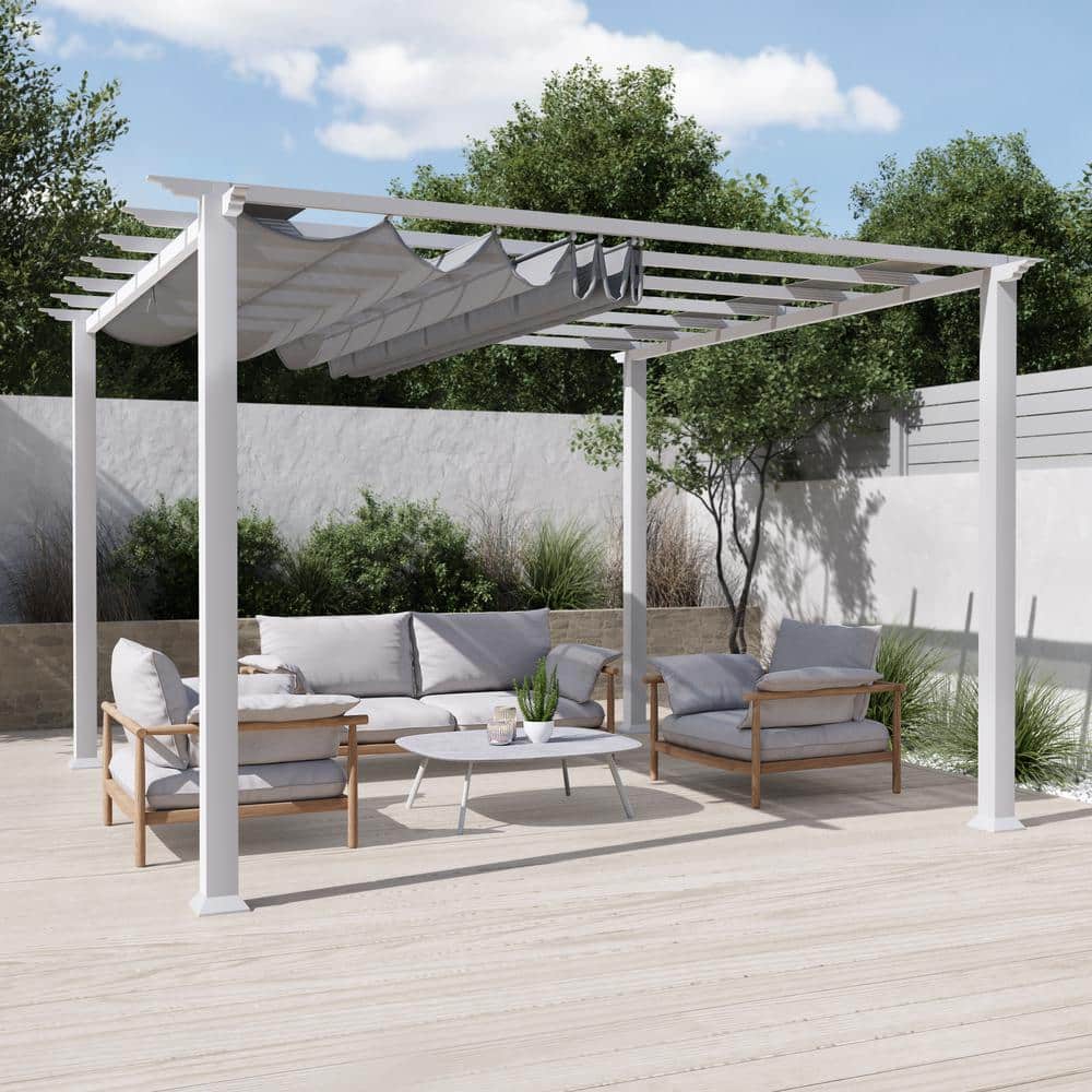 White Aluminum Pergola with Adjustable Silver Canopy, 11' x 11'