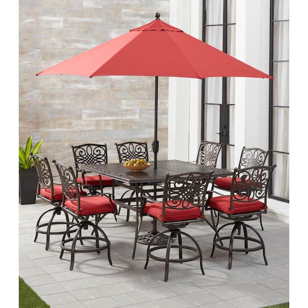 Hanover Traditions 9 Piece Aluminum, 8 Seat Patio Dining Set With Umbrella