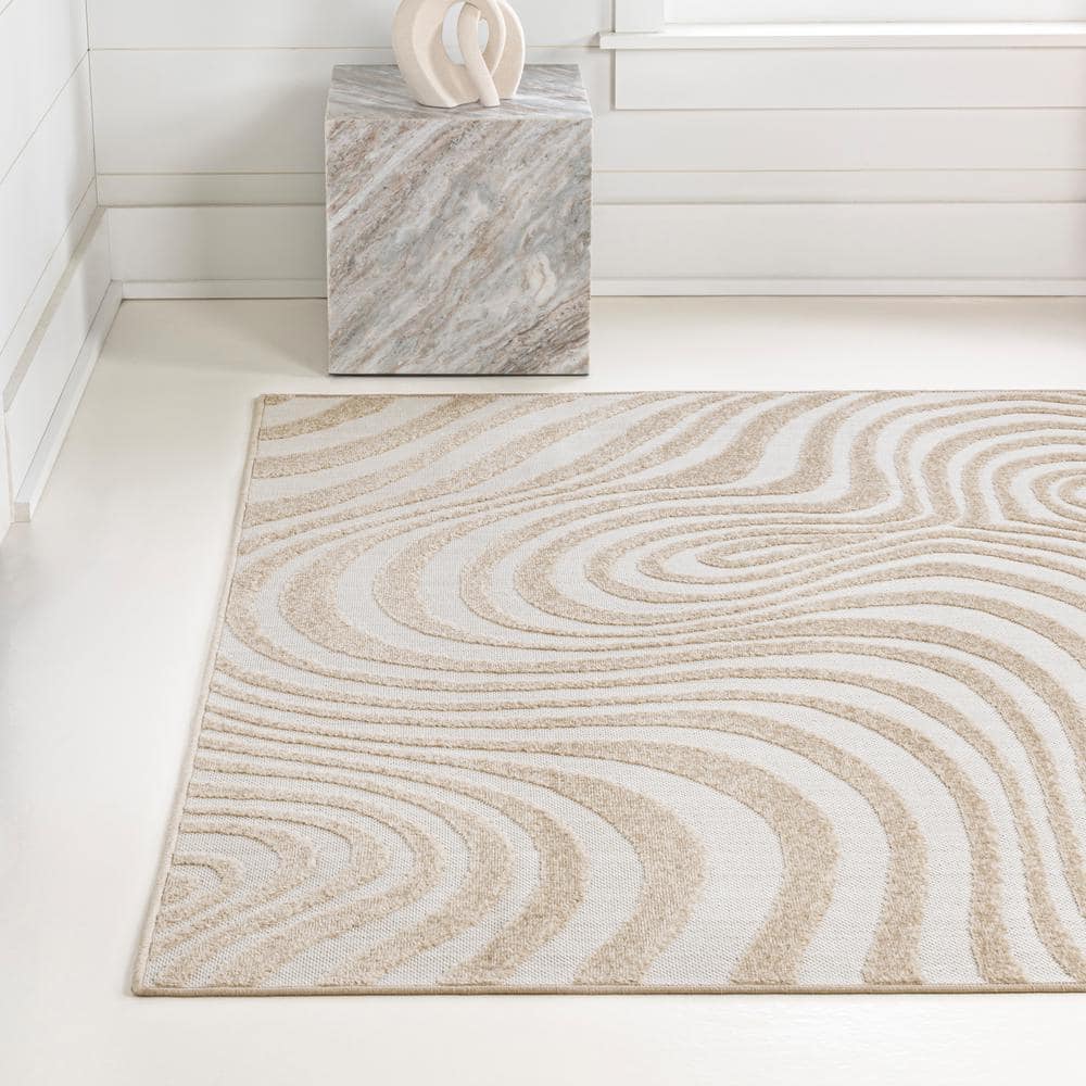 Beige and Cream High-Low Striped Rectangular Rug