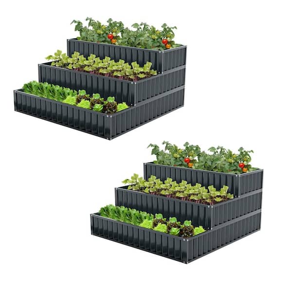 HONEY JOY Black Metal 3-Tier Raised Garden Bed Outdoor Elevated Planter Box (2-Pack)