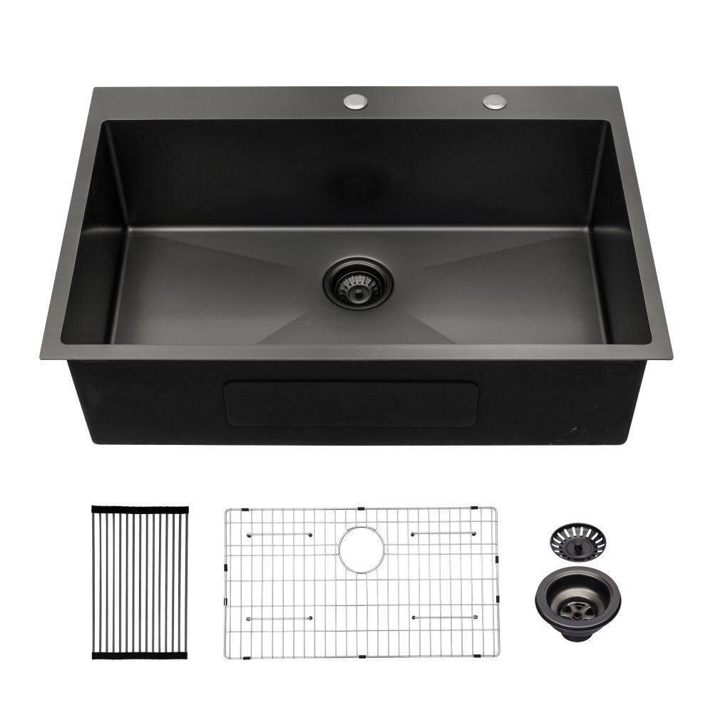 Black 16 Gauge Stainless Steel 33 in. Single Bowl Undermount Workstation Kitchen Sink with Bottom Grid -  EPOWP, LX-W124353886