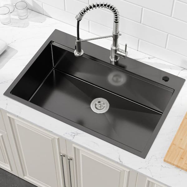33 in. Drop-In Single Bowl 20 Gauge Black Stainless Steel Kitchen Sink with Workstation