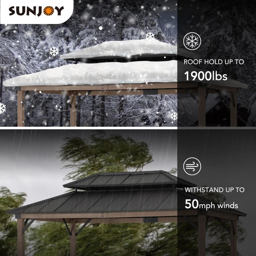 Sunjoy Sunjoy Wooden Grill Gazebo, 9.5 x 11.8 ft. Steel Hardtop Outdoor Gazebo for Year-Round Grilling, 2 Full Size Grills, Griddles or Smokers - Cook Station, Barbeque, Built-in Electrical Outlets