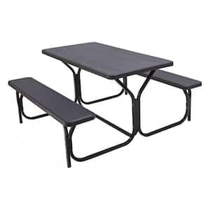 Black All-Weather Metal Outdoor Picnic Table Bench Set with Metal Base Wood