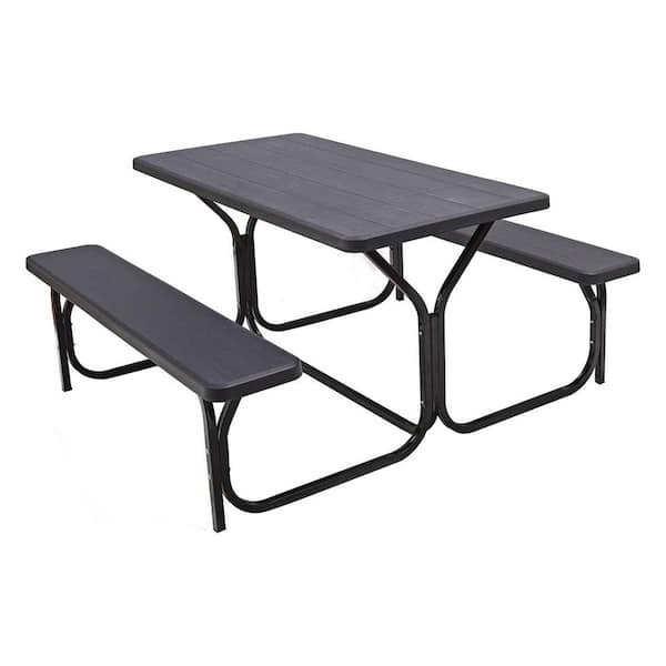 Alpulon Black All-Weather Metal Outdoor Picnic Table Bench Set with Metal Base Wood