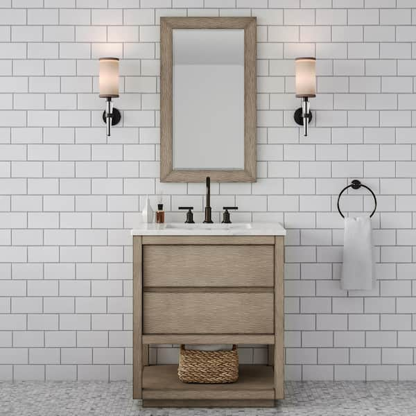 Water Creation Oakman 30 in. W x 22 in. D x 34.7 in. H Single Sink Bath Vanity in Grey Oak with Carrara White Marble Top with Mirror