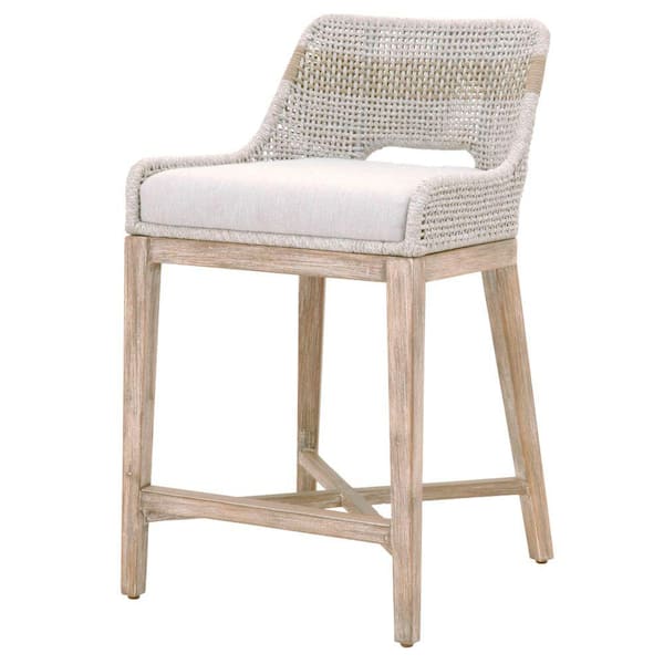 Benjara 35 in. Light Gray Low Back Metal Frame Fabric Upholstered Interwoven Rope Counter Height Bar Stool with Stretcher
