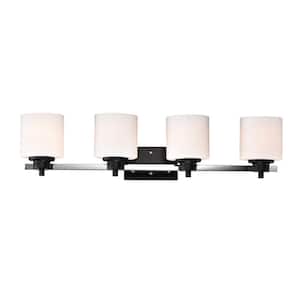 33.25 in. 4-Light Black and Chrome Finish Vanity Light with Etched White Glass Shades