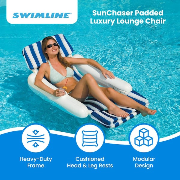 SunChaser Blue/White Foam Padded Floating Luxury Pool Lounge Sling Chair