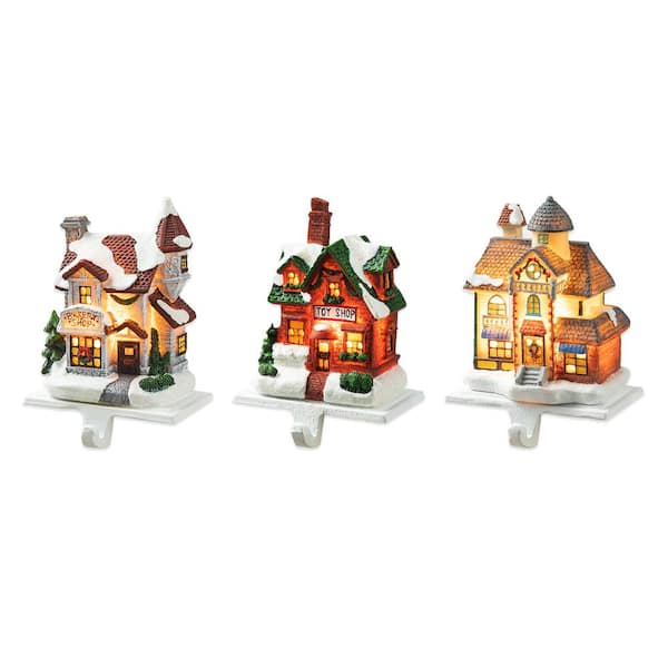6 in. H Lighted Resin House Stocking Holder (Set of 3)