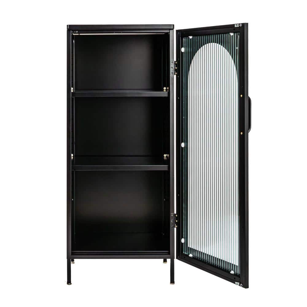 Matte Black Narrow Metal Accent Cabinet with Adjustable Shelves and Arched Glass Door