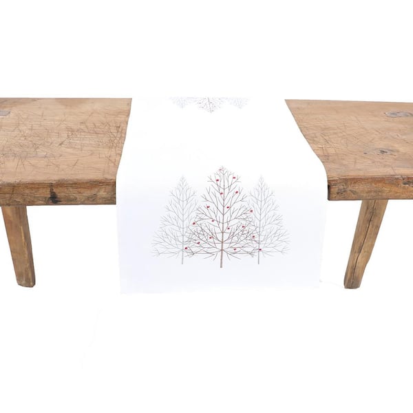 Manor Luxe 15 in. x 70 in. Festive Trees Embroidered Christmas Table Runner, White