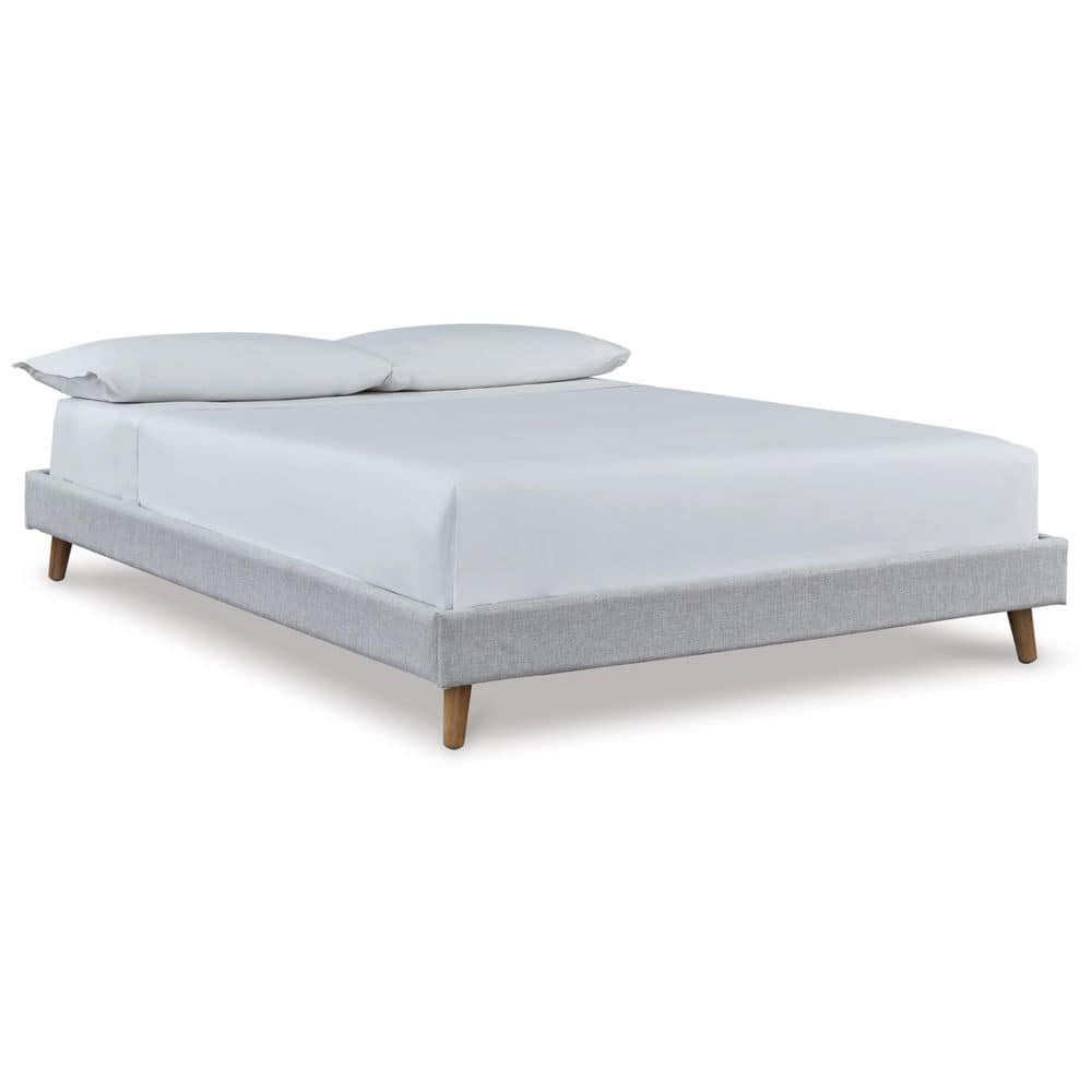 Beige Full Upholstered Platform Bed with Wood Legs