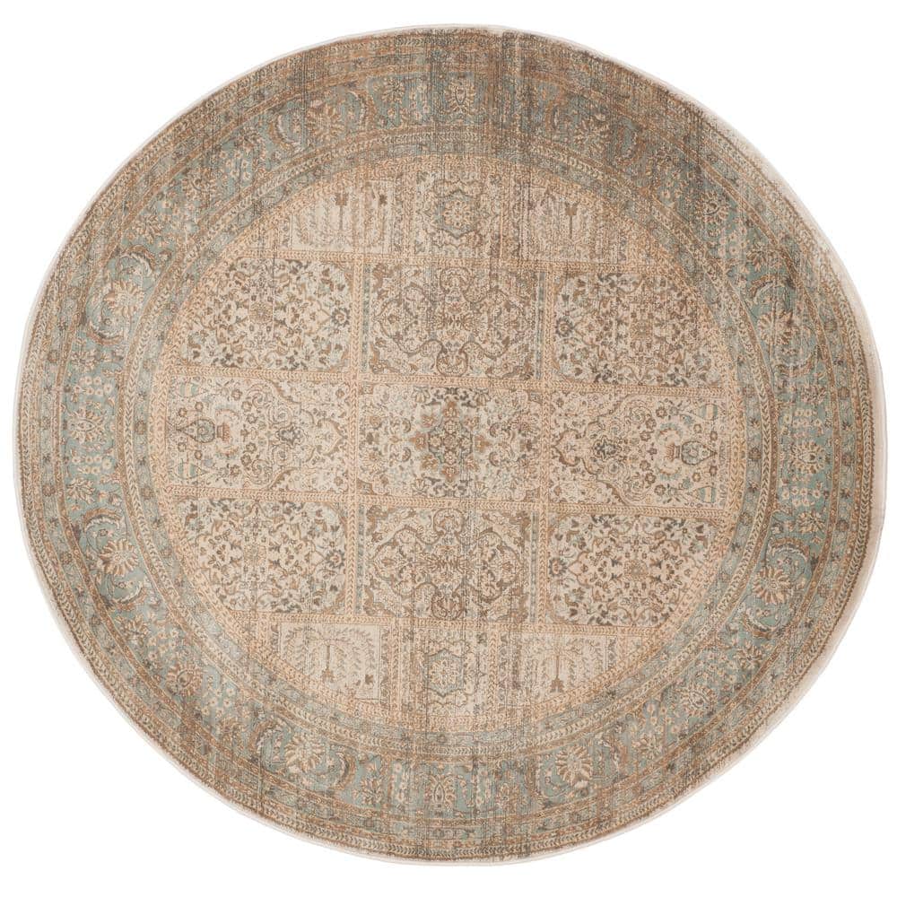 Ivory and Light Blue Round Viscose Area Rug, 80"