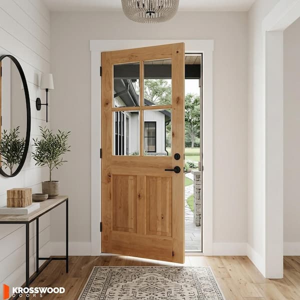 Krosswood Doors 36 in. x 80 in. Rustic Knotty Alder 4-Lite Clear