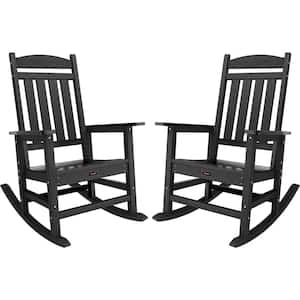 Black HDPE Plastic Patio Outdoor Rocking Chair All Weather Resistant Porch Rocker for Lawn Garden(2 chairs)