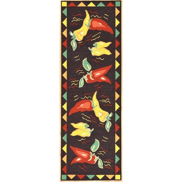 Ottomanson Siesta Kitchen Collection Non-Slip Rubberback Hot Peppers 2x5 Kitchen Rug, 1 ft. 8 in. x 4 ft. 11 in., Black Peppers