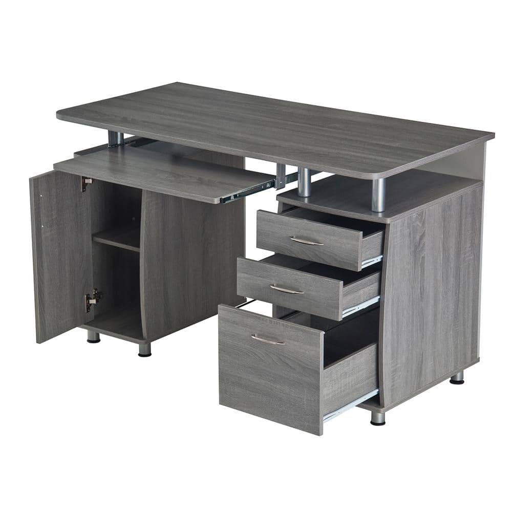 Gray Rectangular Workstation Desk with Storage and Keyboard Tray
