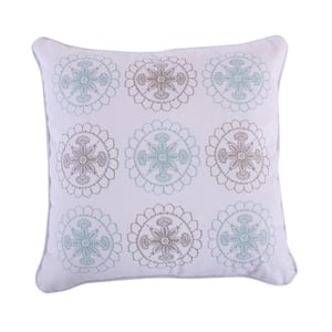 Spruce Spa Light Blue, Grey, White Embroidered Medallions 18 in. x 18 in. Throw Pillow