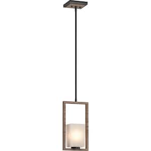 Paxton 1-Light Pecan & Black Indoor Mini Pendant with Frosted Glass Tapered Shade