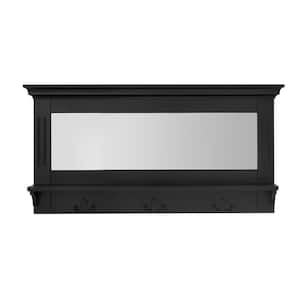 18 in. H in. x 36 in. W x 6.1 in. D Black Wood Floating Decorative Wall Shelf With Mirror and Hooks