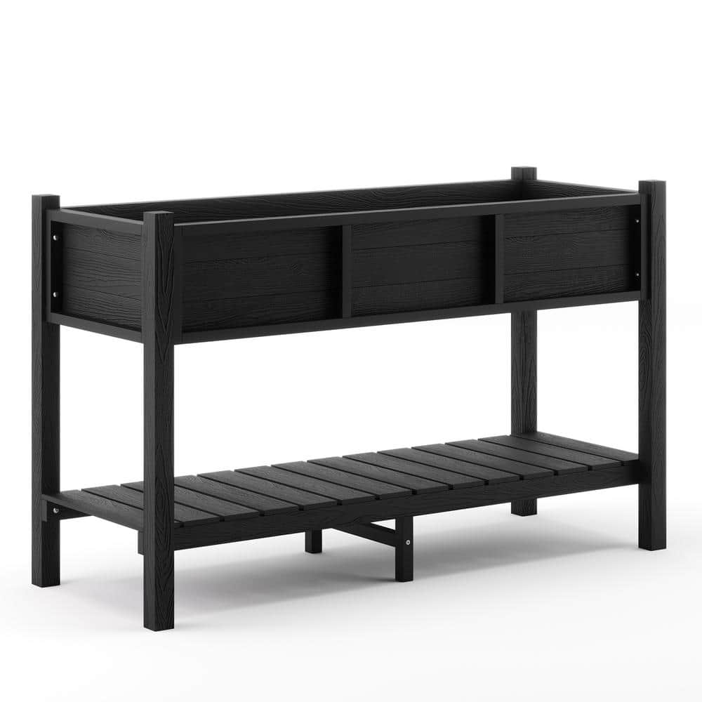 Black Elevated Poly Raised Garden Bed with Storage Shelf